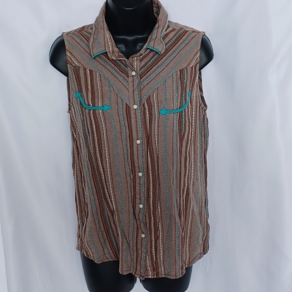 Panhandle Pearl Snap Shirt Top Sz M Brown Turquoise Stripe Sleeveless Western